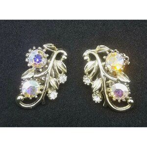 Coro Aurora Borealis Clear Rhinestone Gold Tone Floral Clip On Signed Earrings